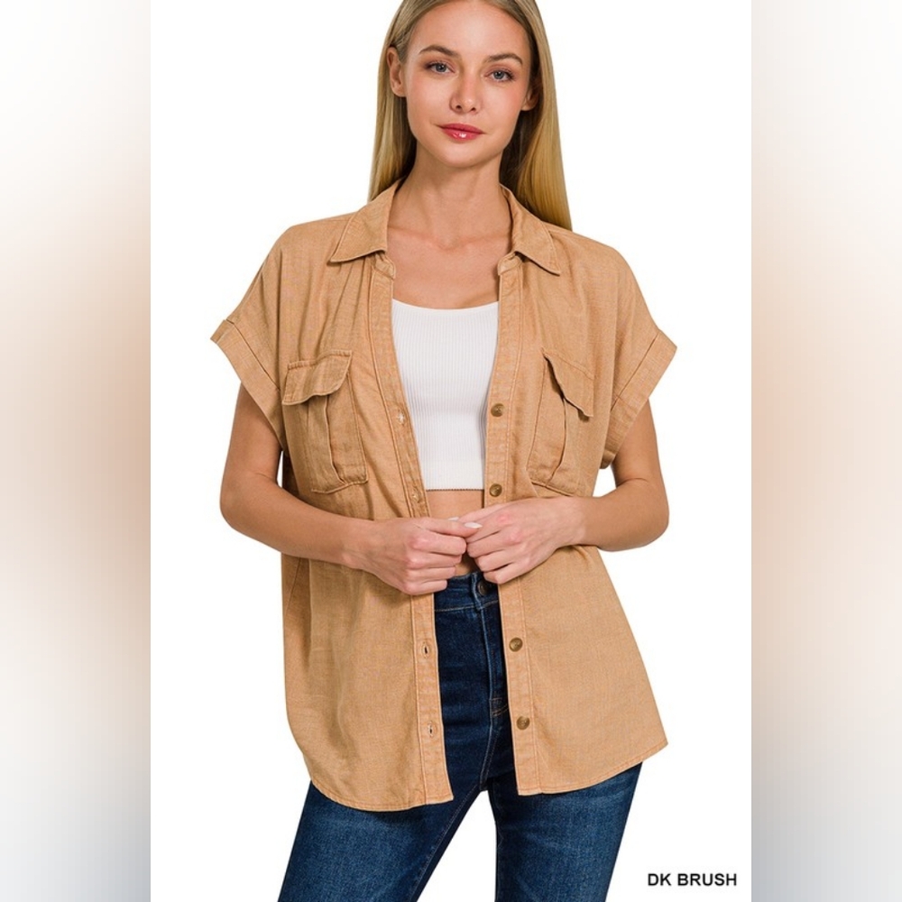 NWT - Linen Blend Acid Washed Button Down Batwing Sleeve Shirt - Dk Brush- Sz M - Picture 4 of 5